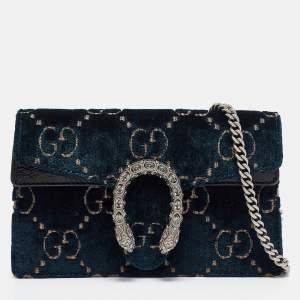 Pre Owned Gucci Dark Blue GG Velvet and Patent Leather Super Mini Dionysus Shoulder Bag