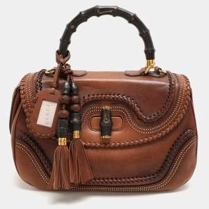 Gucci Brown Leather Large New Bamboo Top Handle Bag