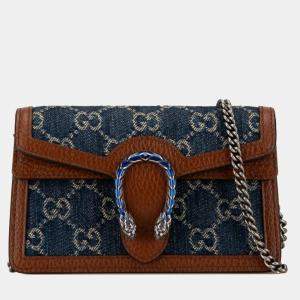 Gucci Blue Brown Leather GG Denim Dionysus Chain Shoulder Bag