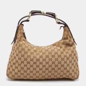 Pre Owned Gucci Beige/Brown GG Canvas and Leather Horsebit Handle Hobo