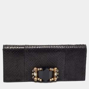 Gucci Black Snakeskin Crystals Embellished Flap Clutch