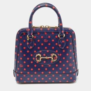 Gucci Navy Blue/Red Polka Dot Leather Horsebit 1955 Bag
