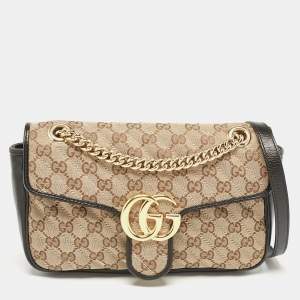 Gucci Beige/Black Diagonal Quilted GG Canvas and Leather Small GG Marmont Shoulder Bag