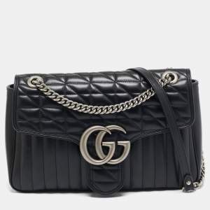 Gucci Black Mixed Matelassé Leather Medium GG Marmont Shoulder Bag