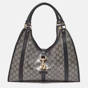 Pre Owned Gucci Grey/Black GG Crystal Canvas and Leather Bardot Joy Hobo