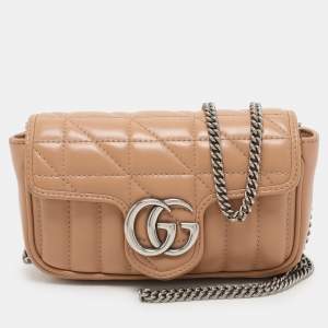 Gucci Beige Matelassé Leather Super Mini GG Marmont Shoulder Bag