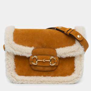 Gucci Brown Leather and Suede Small Shearling Trimmed Suede Horsebit 1955 Crossbody Bag