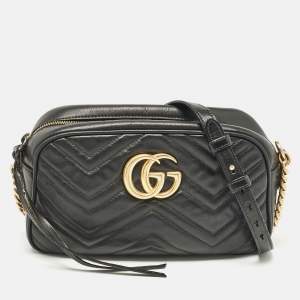 Pre Owned Gucci Black Matelassé Leather Small GG Marmont Shoulder Bag