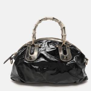 Gucci Black Coated Fabric and Leather Dialux Pop Bamboo Satchel