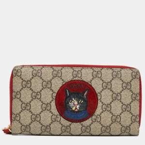 Gucci Beige/Red GG Supreme Canvas Mystic Cat Zip Around Wallet