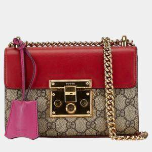 Gucci Red Beige Pvc Leather Gg Supreme Padlock Chain Shoulder Bag