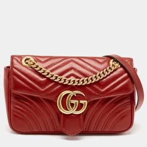 Pre Owned Gucci Red Matelassé Leather Small GG Marmont Shoulder Bag