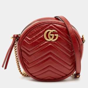 Gucci Red Matelassé Leather GG Marmont Round Crossbody Bag