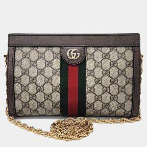 Pre Owned Gucci Beige Brown Coated Canvas and Leather Ophidia GG Supreme Shoulder Bag
