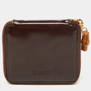 Gucci Dark Brown Leather Compact Bamboo Zip Around Wallet