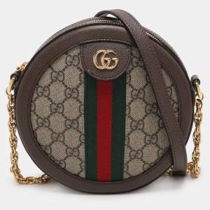 Pre Owned Gucci Brown/Beige GG Supreme Canvas and Leather Mini Ophidia Round Bag