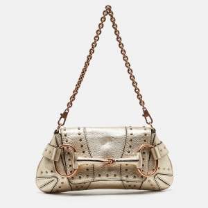 Pre Owned Gucci Light Gold Leather Horsebit Pochette Bag