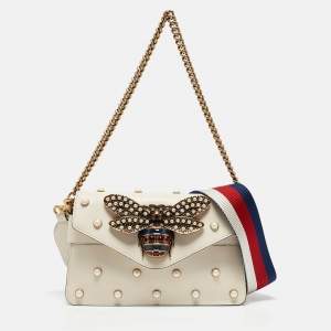 Pre Owned Gucci Off White Leather Mini Pearl Queen Margaret Broadway Shoulder Bag