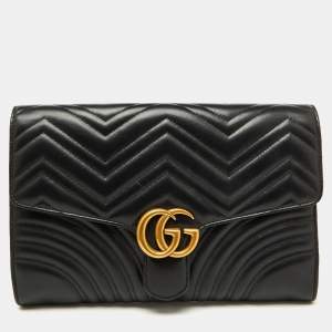 Gucci Black Chevron Leather GG Marmont Flap Clutch