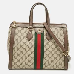 Pre Owned Gucci Beige/Ebony GG Supreme Canvas and Leather Medium Ophidia Tote