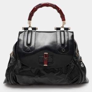 Gucci Black Coated Nylon and Leather Dialux Pop Bamboo Top Handle Bag