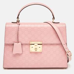 Pre Owned Gucci Pink Guccissima Leather Medium Padlock Top Handle Bag