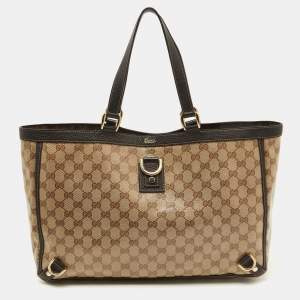 Pre Owned Gucci Beige/Brown GG Supreme Canvas and Leather Abbey D-Ring Tote