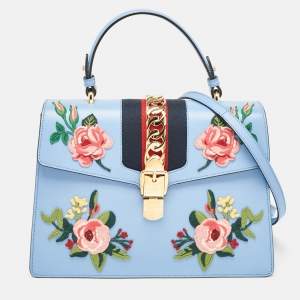 Gucci Blue Leather Floral Embroidered Medium Sylvie Top Handle Bag