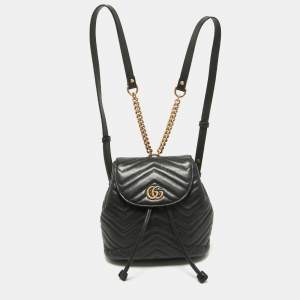 Gucci Black Matelassé Leather GG Marmont Drawstring Backpack