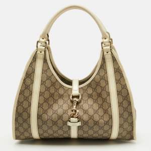 Gucci Beige/White GG Supreme Canvas and Patent Leather Bardot Joy Hobo