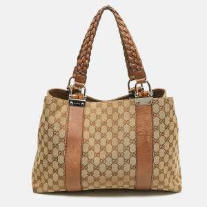 Pre Owned Gucci Beige/Brown GG Canvas and Leather Medium Bamboo Bar Tote