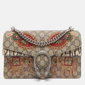 مملوكة مسبقًا Gucci Beige GG Supreme Canvas and Watersnake Small Elephant Embroidered Dionysus Shoulder Bag