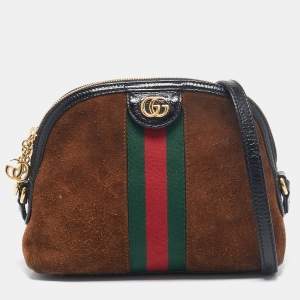 Pre Owned Gucci Brown/Black Suede and Patent Leather Ophidia Crossbody Bag