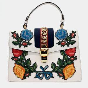  Gucci Multicolor White Leather Sylvie Top Handle Bag