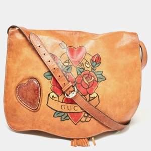 Gucci Brown Leather Tattoo Heart Tribeca Messenger Flap Bag