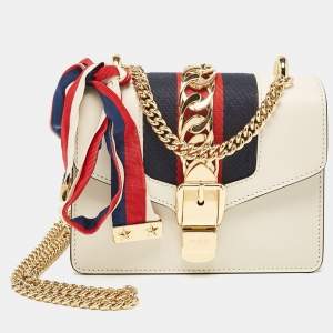 Pre Owned Gucci Off White Leather Mini Web Chain Sylvie Shoulder Bag