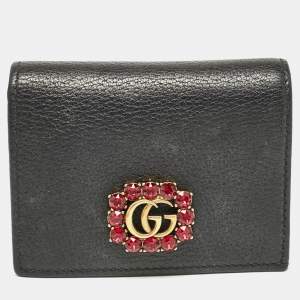 Gucci Black Leather Crystals GG Marmont Card Case