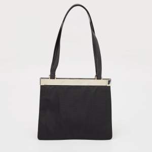 Pre Owned Gucci Black Canvas and Leather Metal Frame Tote