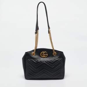 مملوكة مسبقًا Gucci Black Matelasse Leather Medium GG Marmont Open Top Shoulder Bag 