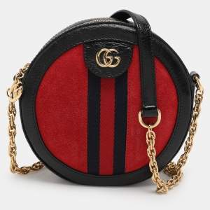 Gucci Black/Red Suede and Patent Mini Ophidia Round Bag