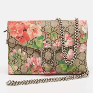 Pre Owned Gucci Pink/Beige GG Supreme Canvas and Suede Mini Blooms Dionysus Shoulder Bag