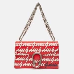 Pre Owned Gucci Red/White Printed Leather Small Dionysus Shoulder Bag