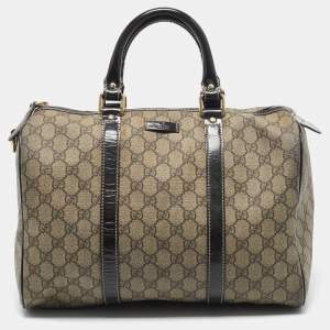 Gucci Dark Brown/Beige GG Supreme Canvas and Patent Leather Medium Joy Boston Bag