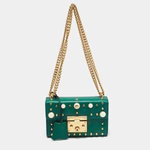 Gucci Green Leather Small Pearl Studded Padlock Shoulder Bag