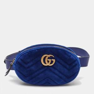 Gucci Blue Matelassé Velvet GG Marmont Belt Bag
