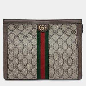 Pre Owned Gucci Beige Brown PVC Ophidia Clutch