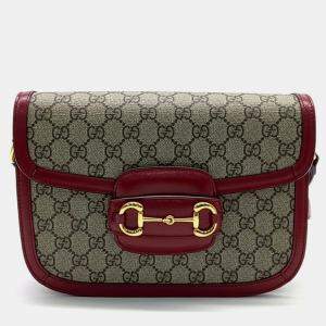 Gucci Beige Red Canvas and Leather 1955 Horsebit Shoulder Bag