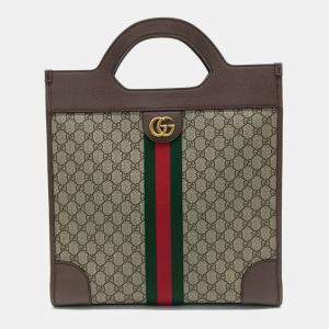 Gucci Beige Brown PVC Ophidia Medium Top Handle Tote Bag