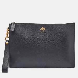 Gucci Black Leather Bee Animalier Zip Pouch