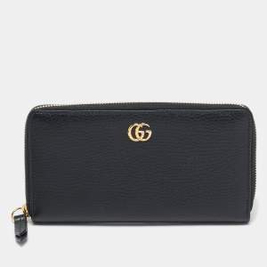 Gucci Black Leather GG Marmont Zip Continental Wallet